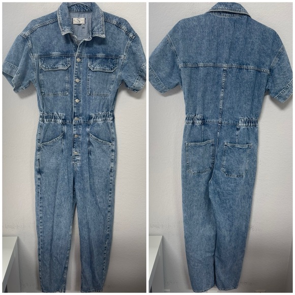 Free People Marci Coverall Denim Jumpsuit Blue Short Sleeves Size Small - Picture 2 of 3